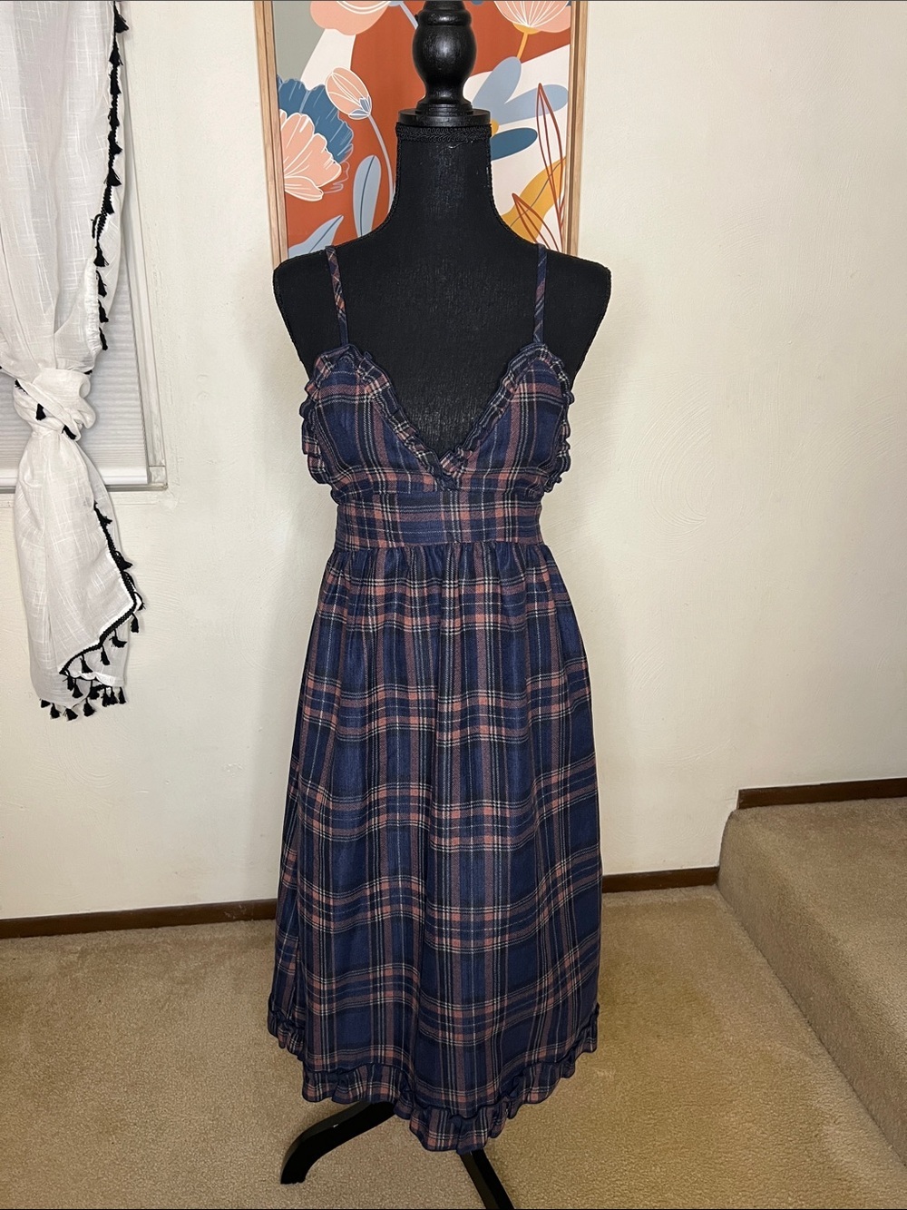 Purple Brand Navy Plaid Spaghetti-Strap Midi Dress Small